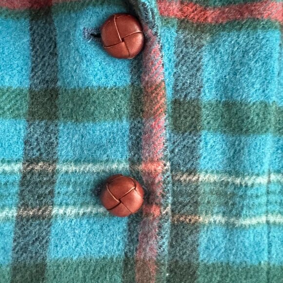 Vintage 90s Sisley Blue Plaid Cropped Leather Button Wool Blend Blazer S - Picture 3 of 8